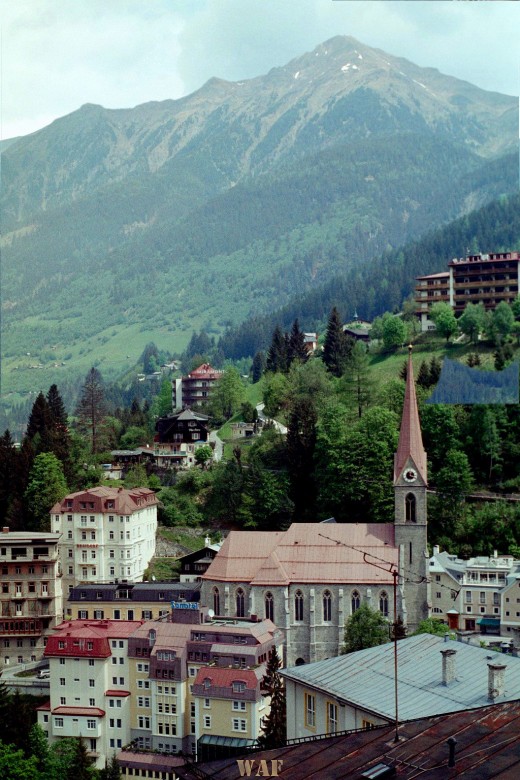 Austria buildings, trees and the Alps