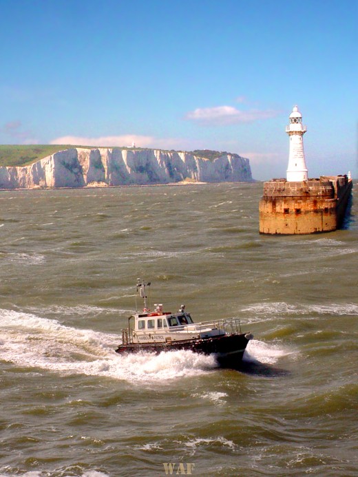 the White Cliffs of Dover, England (with boat and silo)