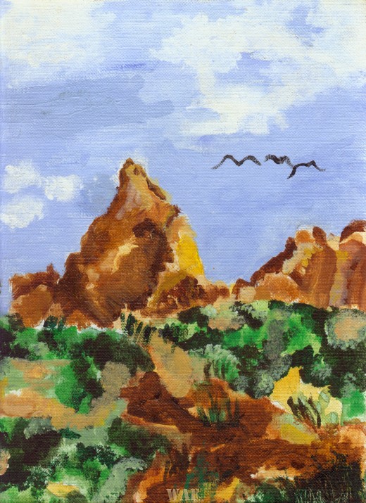an oil painting of a desert and mountains